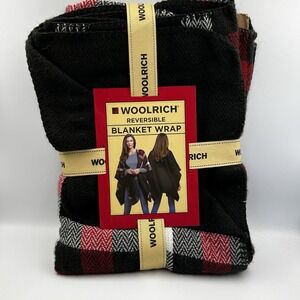 NEW! Woolrich Reversible Blanket Wrap Poncho Shawl Red Black Plaid One Size